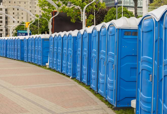 a fleet of portable restrooms ready for use at a large outdoor wedding or celebration in Bluffdale